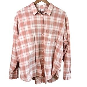 Madewell Large Peach Ivory Plaid Button Up Shirt 100% Cotton Relaxed Fit